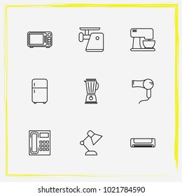 Home Appliances line icon set meat grinder, fridge and table lamp