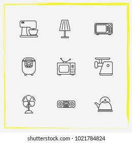 Home Appliances line icon set fan, floor lamp and microwave oven