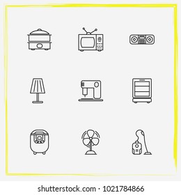 Home Appliances line icon set vacuum cleaner, tv set and wine cabinet