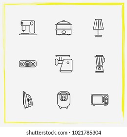 Home Appliances line icon set mantle, mixer and sewing machine