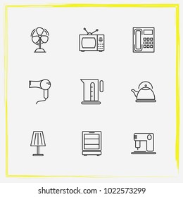 Home Appliances line icon set kettle, ventilator and wine cabinet