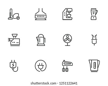 Home appliances line icon set. Vacuum cleaner, stove hood, kettle. Housekeeping concept. Can be used for topics like kitchen, cooking, cleaning