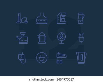 Home appliances line icon set. Vacuum cleaner, stove hood, kettle. Housekeeping concept. Can be used for topics like kitchen, cooking, cleaning