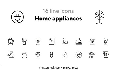 Home appliances line icon set. Vacuum cleaner, stove hood, kettle. Housekeeping concept. Can be used for topics like kitchen, cooking, cleaning