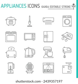 Home appliances line icon set, household vector collection, logo illustrations, house equipment symbols vector icons, outline style pictogram pack, editable stroke icons.