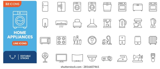 Home appliances line icon set. Household electronic devices collection including fridge, washing machine, oven, air conditioner, coffee maker, vector editable stroke line art illustration