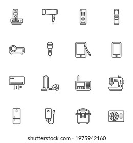 Home appliances line icons set, outline vector symbol collection, linear style pictogram pack. Signs, logo illustration. Set includes icons as vacuum cleaner, air conditioner, telephone, fridge, fan