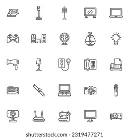 Home appliances line icons set. linear style symbols collection, outline signs pack. Electronic devices vector graphics. Set includes icons as laptop, computer monitor, vacuum cleaner, gamepad, modem