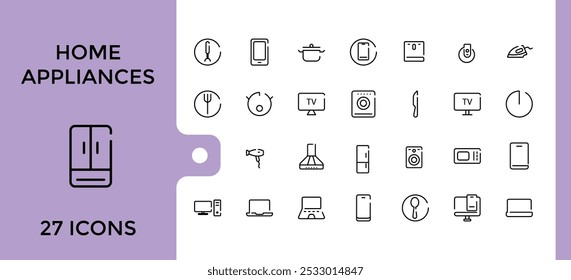 Home appliances line icons set. Collection of Household, gas stove, kitchen hood, washing machine, dishwasher, cooker. Editable stroke. Pixel perfect.