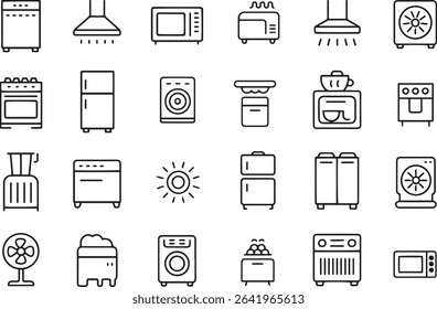 Home Appliances Line Icons Set. Kitchen, Cleaning, Electronics, Household. Editable Stroke. Vector Illustration	
