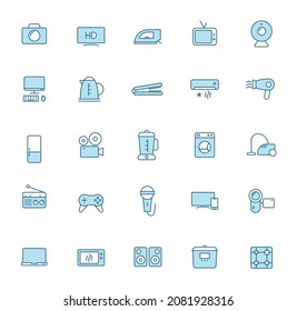 home appliances line vector icons in two colors isolated on white background. home appliances blue icon set for web design, ui, mobile apps, print polygraphy and promo advertising business