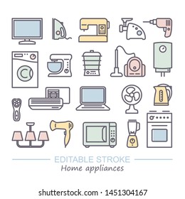 Home appliances linear icon set. Vector illustration with editable stroke