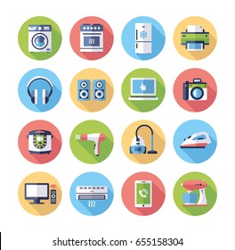 Home appliances - modern vector flat design icons set. Washing machine, oven, fridge, printer, acoustic system, laptop, camera, hair dryer, vacuum cleaner, iron, tv, heater, mobile device, mixer