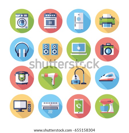 Home appliances - modern vector flat design icons set. Washing machine, oven, fridge, printer, acoustic system, laptop, camera, hair dryer, vacuum cleaner, iron, tv, heater, mobile device, mixer