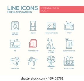 Home Appliances - modern vector simple line design icons and pictograms set. Washing machine, fridge, microwave oven, tv set, pc, mobile device, vacuum cleaner, hair dryer, drill, fan, audio system