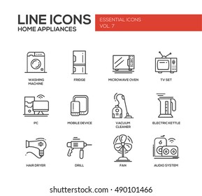 Home Appliances - modern vector simple line design icons and pictograms set. Washing machine, fridge, microwave oven, tv set, pc, vacuum cleaner, electric kettle, hair dryer, drill, fan, audio system