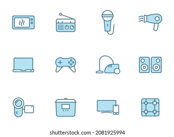 home appliances outline vector icons in two colors isolated on white background. home appliances blue icon set for web design, ui, mobile apps and print polygraphy