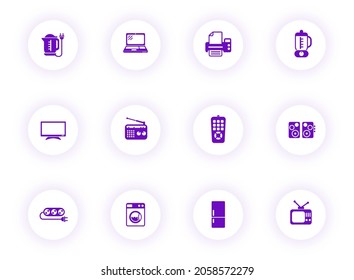 home appliances purple color vector icons on light round buttons with purple shadow. home appliances icon set for web, mobile apps, ui design and print