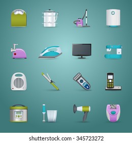 Home appliances realistic icons set with iron heater and vacuum cleaner isolated vector illustration 