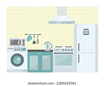 Home appliances refrigerator vacuum cleaner kettle pla primitive on a blue background vector illustration