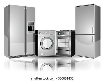 Home appliances: a refrigerator, washing machine, stove.