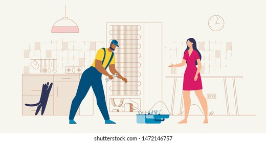 Home Appliances Repair Service Worker, Professional Repairman, Store Technician in Uniform Repairing Broken Fridge, Installing, Maintaining Refrigerator on Clients Kitchen Flat Vector Illustration