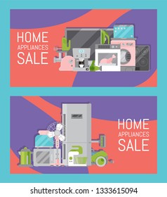 Home appliances sale banners flat illustration vector. Modern technology house machine equipment. Domestic appliance automation device. Creative apartment household flyer