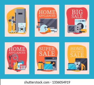 Home appliances sale cards flat illustration vector. Modern technology house machine equipment. Domestic appliance automation device. Creative apartment household elements banner
