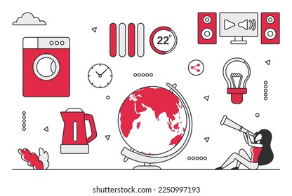 Home appliances sale. Electronics shopping, international shipping vector monocolor illustration