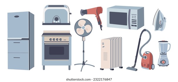 Home appliances set, consumer electronics and machines concept. Refrigerator, stove, toaster, vacuum cleaner, fan, microwave, iron. Icons