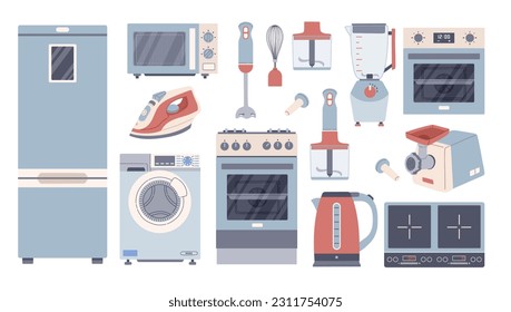 Home appliances set domestic electronics and machines concept. Equipment elements for kitchen cooking laundry washing