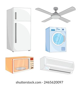 Home appliances set fridge, microwave, fan, washing machine, air conditioner vector