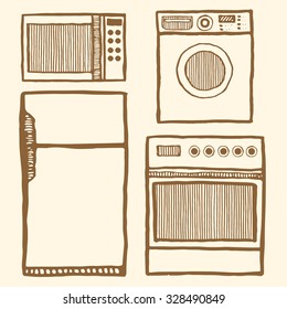 Home appliances set. Hand drawn pen and ink. Vintage style. Microwave, refrigerator, oven, washing machine