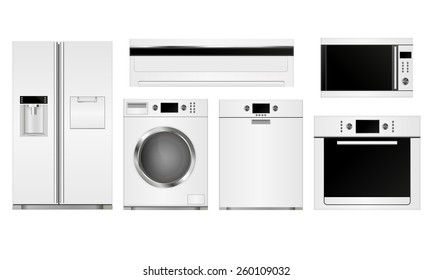 Home appliances. Set of household kitchen technics:  Microwave and electric  Oven, Dishwasher, refrigerator, split-system, washing machine.  Vector Illustration isolated on white background. - Shutterstock ID 260109032