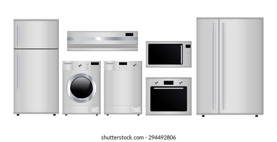 Home appliances. Set of household kitchen technics: Microwave and electric Oven, Dishwasher, refrigerator, coffee machine, split-system, washing machine. Vector Illustration on white background.