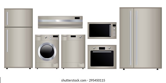 Home appliances. Set of household kitchen technics: Microwave and electric Oven, Dishwasher, refrigerator, coffee machine, split-system, washing machine. Vector Illustration on white background.