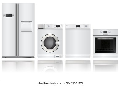 Home appliances. Set of household kitchen technics: electric Oven, Dishwasher, refrigerator, washing machine. Vector Illustration isolated on white background.
