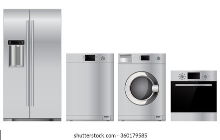 Home appliances. Set of household kitchen technics: electric Oven, Dishwasher, refrigerator, washing machine. Vector Illustration isolated on white background.