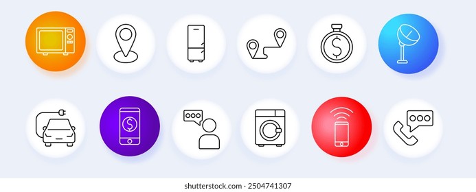 Icono de conjunto de electrodomésticos. Microondas, lugar, refrigerador, temporizador, satélite, coche, chat, lavadora, teléfono inteligente, llamada, Vector.