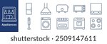 Home appliances set icon. Refrigerator, hood, toaster, microwave, scale, blender, washing machine, stove, oven, cooktop, household, kitchen, electric, appliance, kitchenware, electronic