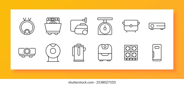 Home appliances set icon. Robot vacuum, washing machine, vacuum cleaner, scale, rice cooker, projector, security camera, coffee maker, air fryer, stove, fridge