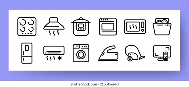 Home Appliances set icon. Stove, extractor hood, oven, multicooker, washing machine, refrigerator, air conditioner, dishwasher, microwave, iron, vacuum cleaner, TV.