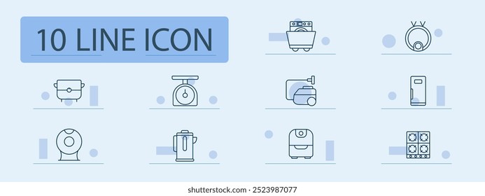 Home appliances set icon. Washing machine, scale, fryer, fridge, stove, mixer, coffee maker, vacuum, smart device, kitchen, cleaning, household, cooking, electronics, technology, convenience.