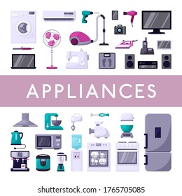 Home appliances set. Modern refrigerator washing machine plasma TV stereo system laptop electric oven coffee machine blender red vacuum cleaner stylish microwave hairdryer. Technical cartoon vector.