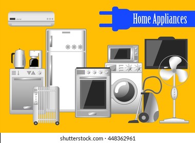 Home appliances set of vector illustrations, electronic household keeping devices. Clever home picture or banner. Comfort technology, kitchen machines, convenient house. Advertisement banner template