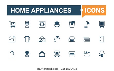 Conjunto de ícones simples de Home Appliances. Contém ícones como domésticos, cozinha, máquina de lavar, cozinhar, casa e muito mais. Conjunto de ícones de Eletrodomésticos. Ícones mínimos definidos. Traço editável de linha sólida.