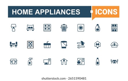 Conjunto de ícones simples de Home Appliances. Contém ícones como domésticos, cozinha, máquina de lavar, cozinhar, casa e muito mais. Conjunto de ícones de Eletrodomésticos. Ícones mínimos definidos. Traço editável de linha sólida.