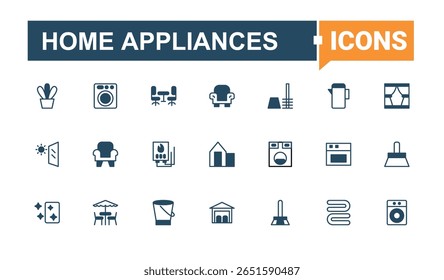 Conjunto de ícones simples de Home Appliances. Contém ícones como domésticos, cozinha, máquina de lavar, cozinhar, casa e muito mais. Conjunto de ícones de Eletrodomésticos. Ícones mínimos definidos. Traço editável de linha sólida.