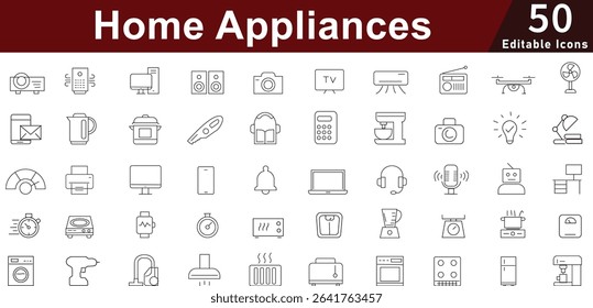 Home Appliances and Smart Electronics Vector Icons Pack with Kitchen and Household Devices – 50 Minimal Editable Line Icons