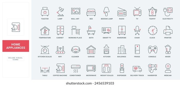 Home appliances, smart equipment and furniture of house line icons set. Microwave and fridge, toaster and coffee machine of kitchen, wardrobe thin black and red outline symbols vector illustration